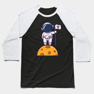 Cute Astronaut Standing On Moon And Holding Flag Cartoon Baseball T-Shirt